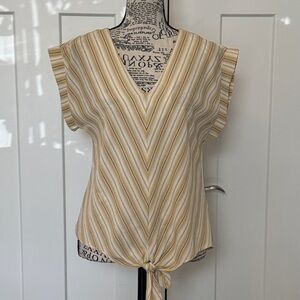 Monteau Yellow and White Striped V-Neck Tie-Front Top